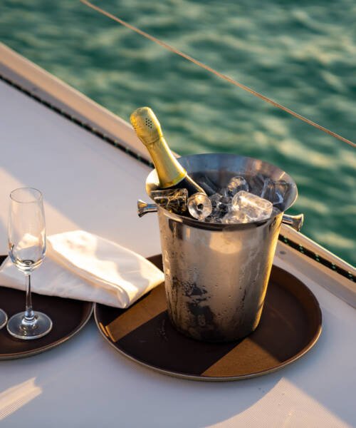 Champagne bottle in ice bucket with champagne glass for serving